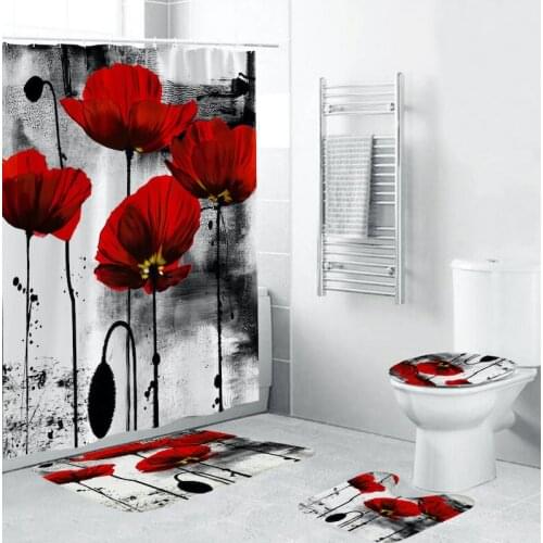 Hot 3D 4pcs Bathroom Shower Curtain Flower Print Durable Waterproof Bath Curtain Set Toilet Cover Mat Non-Slip Bathroom Rug Set