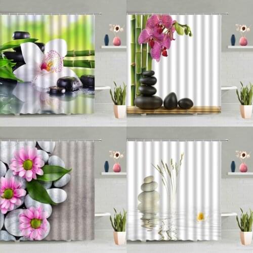 Zen Stone Shower Curtain Green Plants Bamboo Leaves Flowers Butterfly Beach Spa Bathtub Decoration Screen Washable With Hooks