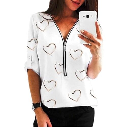 Women Blouse Fashion V Neck Polyester Long Sleeve Zipper Love Heart Print Blouse Top shirt Womens Clothing ropa de mujer 2021