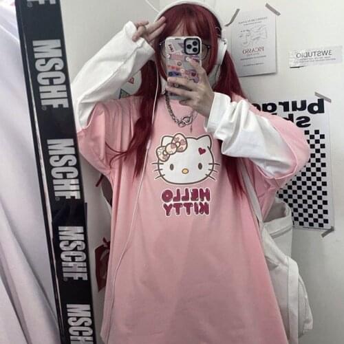 Harajuku Cartoon Print Fake 2 Pieces Patchwork Long Sleeve T-shirt Women Casual Loose Cotton Pullovers Sweet Girl Tops
