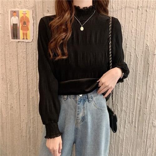 2021 New Women Lace Blouse Elegant Solid Long Sleeve White Shirts Office Lady Clothing Solid color Simplicity