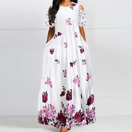 Women Fashion Lace Patchwork Sleeve Floral Print Large Hem Party Long Dress Floral Print Large Hem Party Long Dress