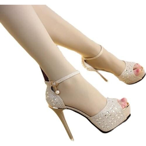 Rhinestone fish mouth sandals summer womens high heels 12 cm gold and silver black dating high heels heels women sandals