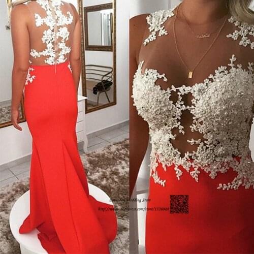 Robe de Soiree Elegant Red Long Formal Evening Dresses Gowns White Lace Mermaid Prom Dress 2017 Pearls Beaded See Through
