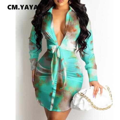 CM.YAYA Women Mini Dress Print Full Sleeve Turn-down Collar V-neck Bandage Stretchy Skinny Pencil Dresses Vintage Vestidos Fall