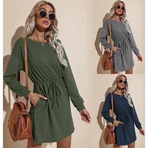 2021 Summer Ladies Casual Dress Elegant All Match Fashion Round Neck Green Gray Blue Loose Long Sleeved Short Skirt Temperament