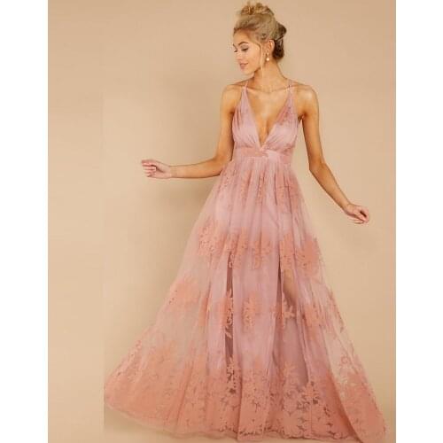 2020 New Women Sexy Deep V-Neck Party Dress Tulle Embroidered Evening Dress High Split Fashion Formal Dress Long Sleeveless Prom