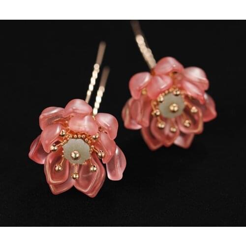 2021 Romantic Pink Bridal Hairpins Lotus Flower U shape Hair Fork Hairpin Headdress Girls Wedding Tiara Hair Jewelry