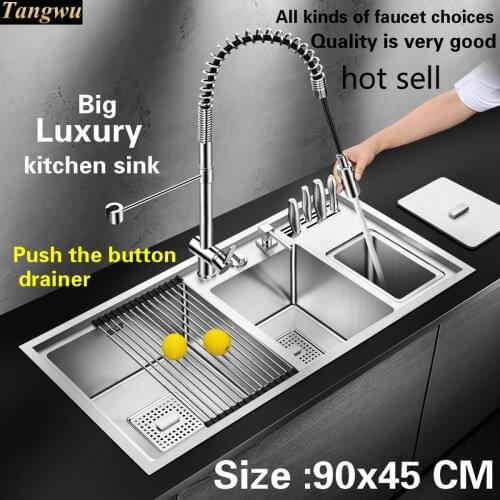 Free shipping Standard luxury push the button - drainer big kitchen manual sink double groove stainless steel hot sell 90x45 CM