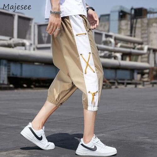 Casual Pants Men Design Panelled Drawstring All-match Calf-length Trousers Jogger Summer Cargo Pant Teens Korean Fashion Tooling
