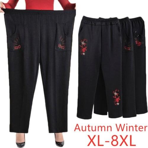 Plus size XL-8XL Middle-aged and elderly Women Trousers Fall/Winter Elastic Waist Casual Pants Warm Plus Velvet Straight Pants