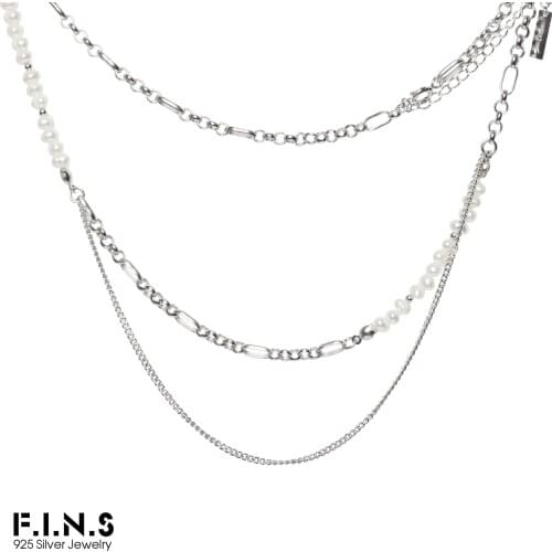 F.I.N.S Korean Style 100% S925 Sterling Silver Double Layer Necklace Women Asymmetry Irregular Baroque Pearl Sweater Chain