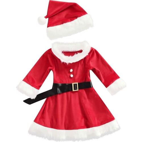 FOCUSNORM 1-5Y Christmas Kids Girls Sweet Dress With Hats 2pcs Fur Long Sleeve Knee Length A-Line Belt Dress