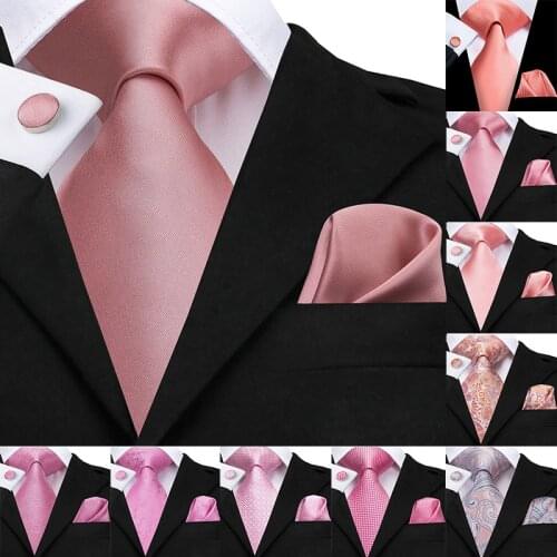 Hi-Tie 100% Silk Classic Mens Wedding Coral Pink Red Peach Tie Pocket Square Cufflinks Set Rose Ties for Men Solid Paisley Ties
