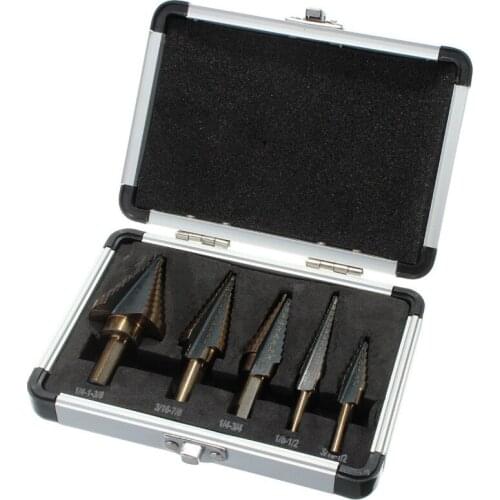 HOEN 5pcs/Set HSS Cobalt Multiple Hole 50 Sizes Step Drill Cone Drill Bits Set with Aluminum Case