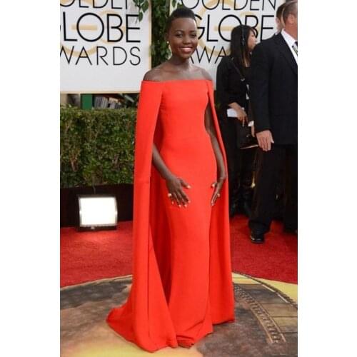 African Dresses Red Capet Celebrity Prom Dress Off Shoulder 2021 Sexy Fancy Cape Cloak Bateau Sheath Gowns