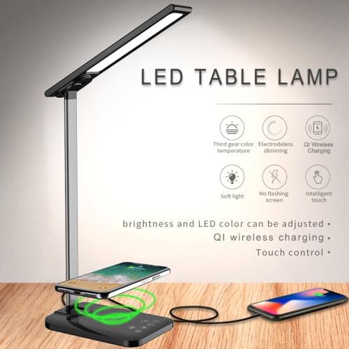 Multifunctiona LED Desk Lamp with Wireless Charger 3 Color Touch Sensitive Control, Dimmable Table Reading Lamp for Office