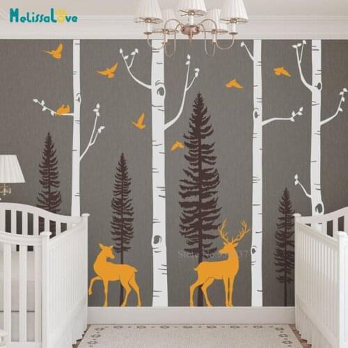 Forest Birch Tree Wall Decal with Deer Baby Nursery Home Decoration Living Room Self-adhesive Cool Art Poster Vinyl BB746