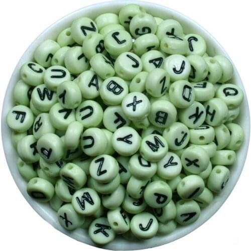 Wholesale Acrylic Russian Letters Beads 7MM Flat Round Coin Shape Light Green with Black Printing Plastic Alphabet Initial