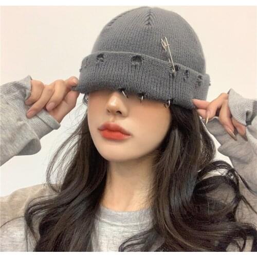 Winter Fashion Skullies Women Harajuku Punk Hole Warm Knitted Hat Autumn Hip hop Beanies Unisex Basic Cap PJ387