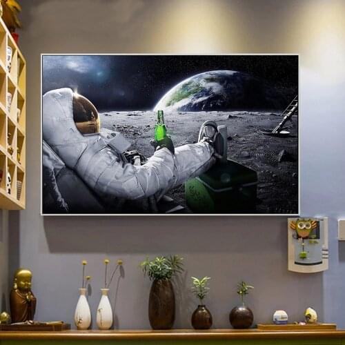 Funny Canvas Paintings Astronaut Relaxing on Outer Space Moon Drinking Beer Wall Pictures HD Printed Posters for Living Room