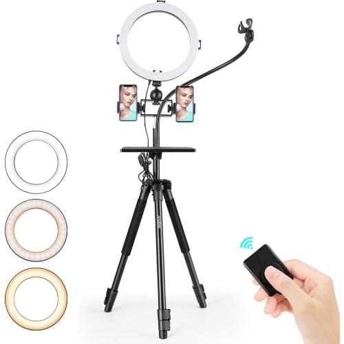 Andoer 10inch LED Ring Light Kit 3000K-6500K 145cm Tripod Stand+2pcs Phone Holders+Mic Clip+ Remote Shutter for Live Streaming