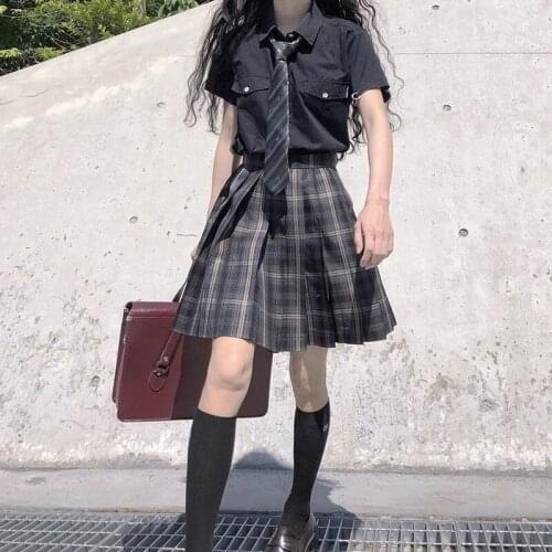 JK Uniform Two-Piece Dark Series 2021 Summer New Korean Plaid Pleated Skirt japanese fashion japanese school uniform