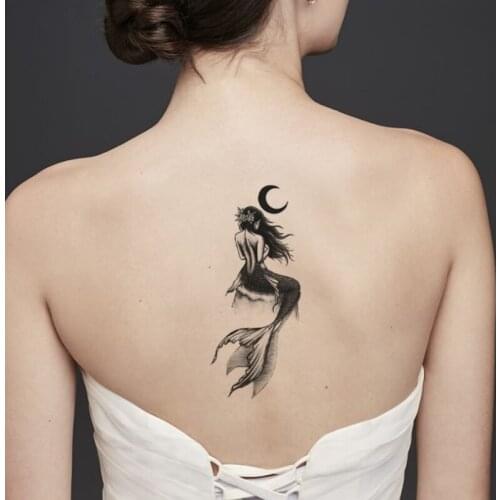 Mermaid Flowers Waterproof Temporary Tattoo Sticker Black Moon Design Fake Tattoos Flash Tatoos Legs Beck Body Art for Women Men