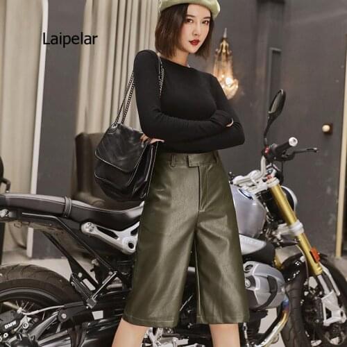 2021 British Style Autumn Winter Womens Pu Leather Short High Waist Motor Five Point Trouser Casual Straight Overalls