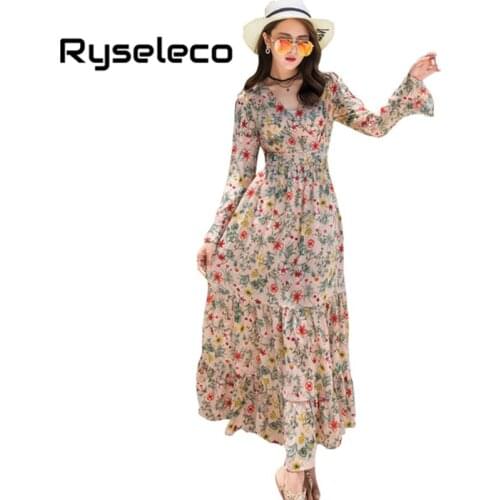 Ryseleco Novelty Design Boho Sweet Empire Long Dresses Women Elegant V-Neck Patchwork Floral Prints Beach Vacation Maxi Vestidos