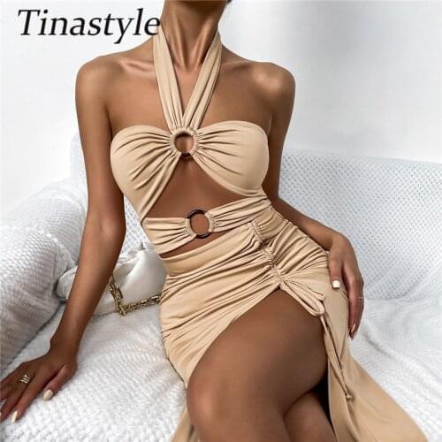 Tinastyle Halter Cut Out Sexy Party Dress Women Y2K Summer Backless High Slit Bodycon Nightclub Dress Casual Sleeveless Dresses