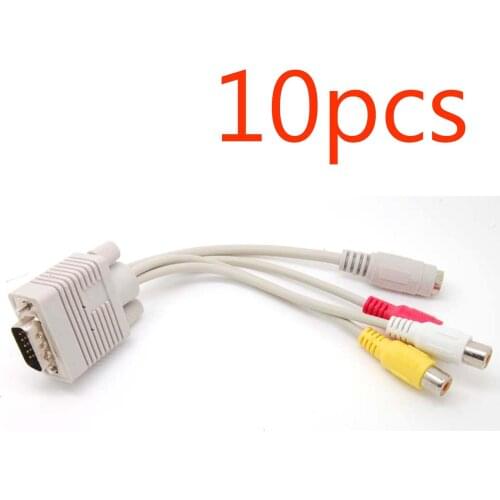 10pcs White PC VGA SVGA Male to 3 RCA 4 Pin S-video Female HDTV Cable