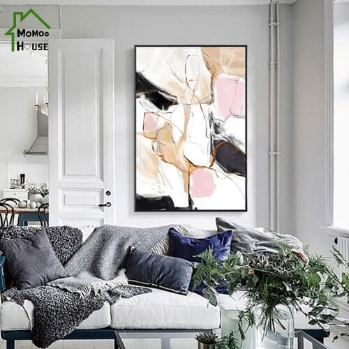 Abstract Pink Black White Gold Line Rendering Canvas Paintings Nordic Art Wall Poster for Entrance Home Decoration