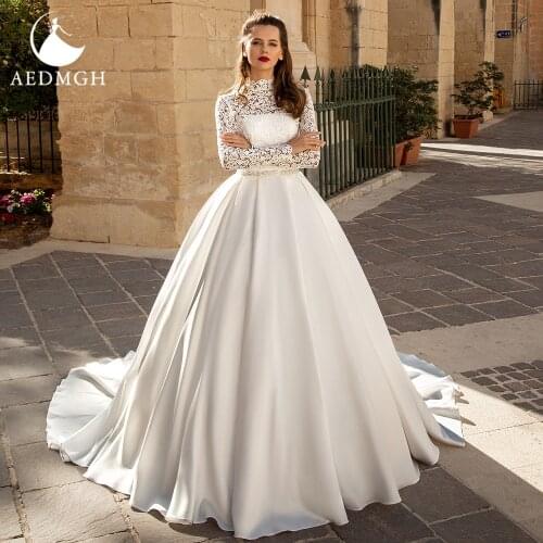 Aedmgh Ball Gown Princess Wedding Dresses 2021 High Neck Long Sleeve Satin Bride Dress Lace Appliques Beaded Robe De Mariee