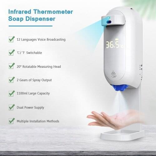 2 in 1 Automatic Non-contact Temperature Measuring Soap Dispenser with 12 Languages Voice 1100ml Auto Soap Dispenser Sprayer
