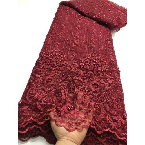 Burgundy African Lace Fabric 2021 High Quality Lace With Beaded Lace, Nigerian Lace Fabrics For Wedding Net French Lace Fabric