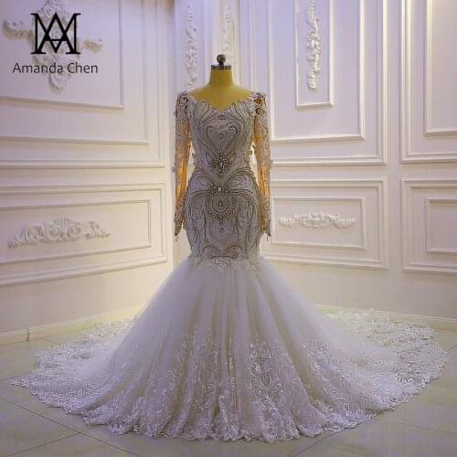 Custom Made Long Sleeve Lace Applique Handwork Beading Mermaid Wedding Dress