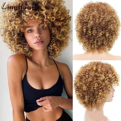 LINGHANG 14inch Short Kinky Curly Wig Afro American Wigs for Black Women Brown Mixed Blonde Synthetic Wigs with Bangs