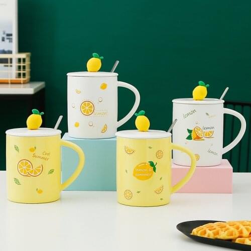 Ins Ceramic Cup 401-500ml Cute Kawaii Fruit Cup Student Korean Style Cartoon Mug with Lid Spoon Milk Water Coffe Tea Cup Home