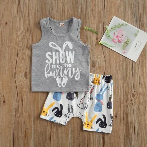 Summer Kids Baby Boy 2-piece Cotton Outfit Set Sleeveless Letter Print Tops+Cartoon Rabbit Print Shorts Set