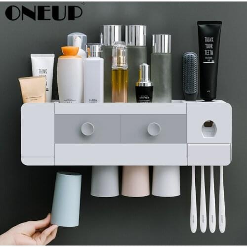 ONEUP Magnetic Attraction Toothbrush Holder Bathroom Storage Shelf With Cups Automatic Toothpaste Dispenser Bathroom Accessories