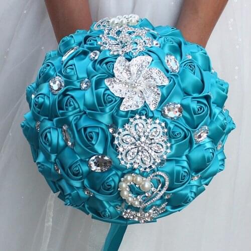 New arrived Sapphire blue brooch bouquet Silk Bride Bridal Wedding Bouquet Bridesmaid blue Cloth roses