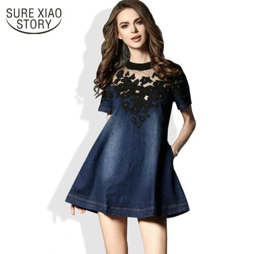 2019 new female fashion Europe navy blue denim dress cotton short sleeve women hollow out dress 178B 25