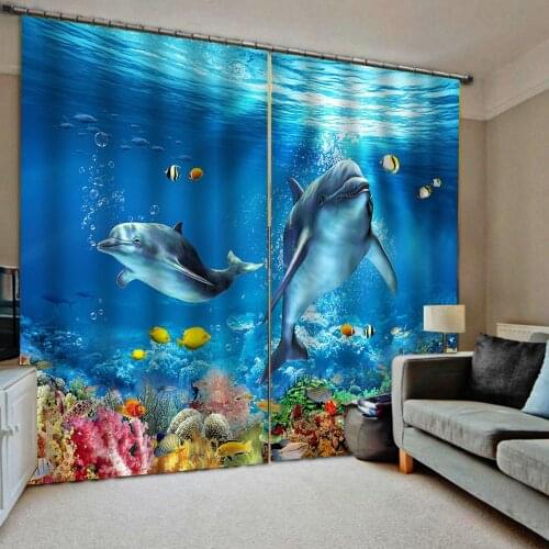 Underwater World Ocean Animals Shower Curtain Fish Dolphin Bathroom Blackout Curtain home drapes