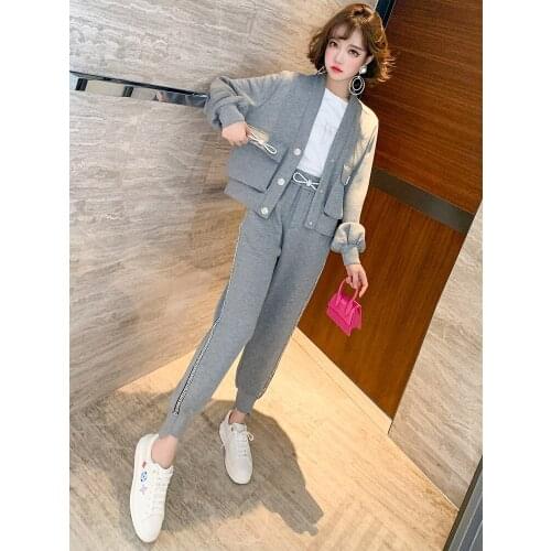 Casual V-neck Jacket+Drilled Drawstring Pants Sweatpants Fashion Street Fried Suit Womens Fall 2020 New