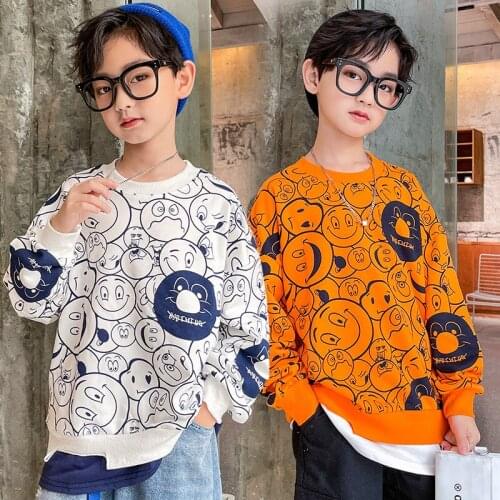 Boys Round Neck Pullover Boys Spring And Autumn Pure Cotton T-shirt Fashion Cartoon Print Long Sleeve Youth Loose Casual Top