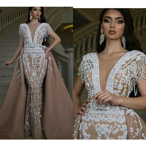 Dubai Africa Mermaid Wedding Dresses with Detachable Train V Neck Beading Tassel Lace Appliques Bridal Gowns Short Sleeve Pearls