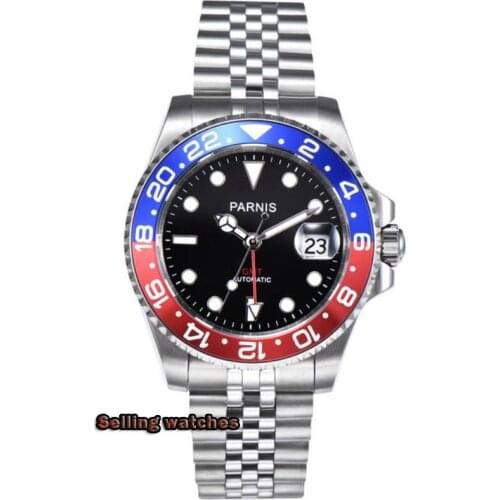 40mm PARNIS Sapphire Crystal GMT Automatic machinery movement luminous mens watches Blue & red bezel