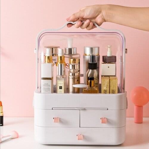 Dressing Table Makeup Organizer For Cosmetic 360° Rotation Acrylic Clamshell 3 Drawer Mirror Storage Box Lipstick Jewelry Holder