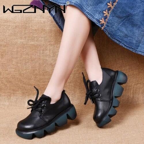 Natural Genuine PU Leather Loafers Shoes for Women Thick Flat Platform Shoes Round Toe Casual Sneakers Female Autumn Footwear